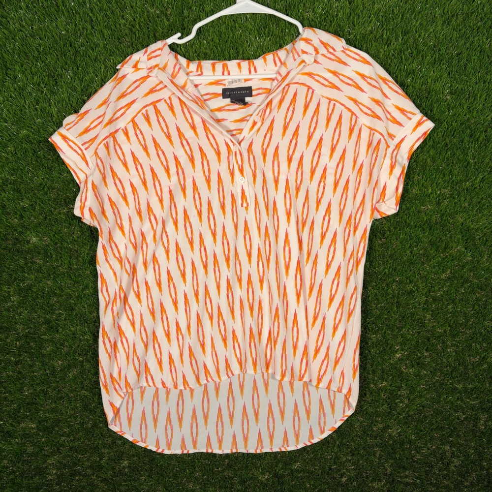Investments Womens Orange Ikat Print Short Sleeve Button Up Top Blouse Sz M BOHO